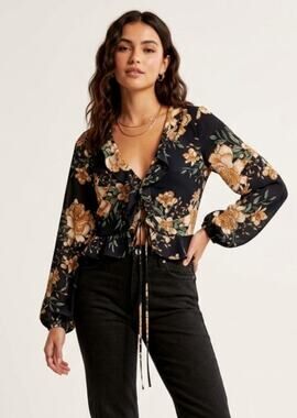 Miss Guided Black Floral Ruffle Blouse 8 Romantic Coquette Whimsigoth Festival
